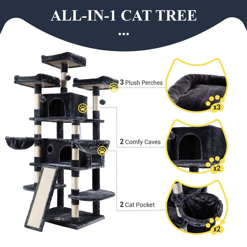 Purrfest 68 Inches Cat Tree House with Condo, Scratching Post, and Multi-Level Towers for Cats